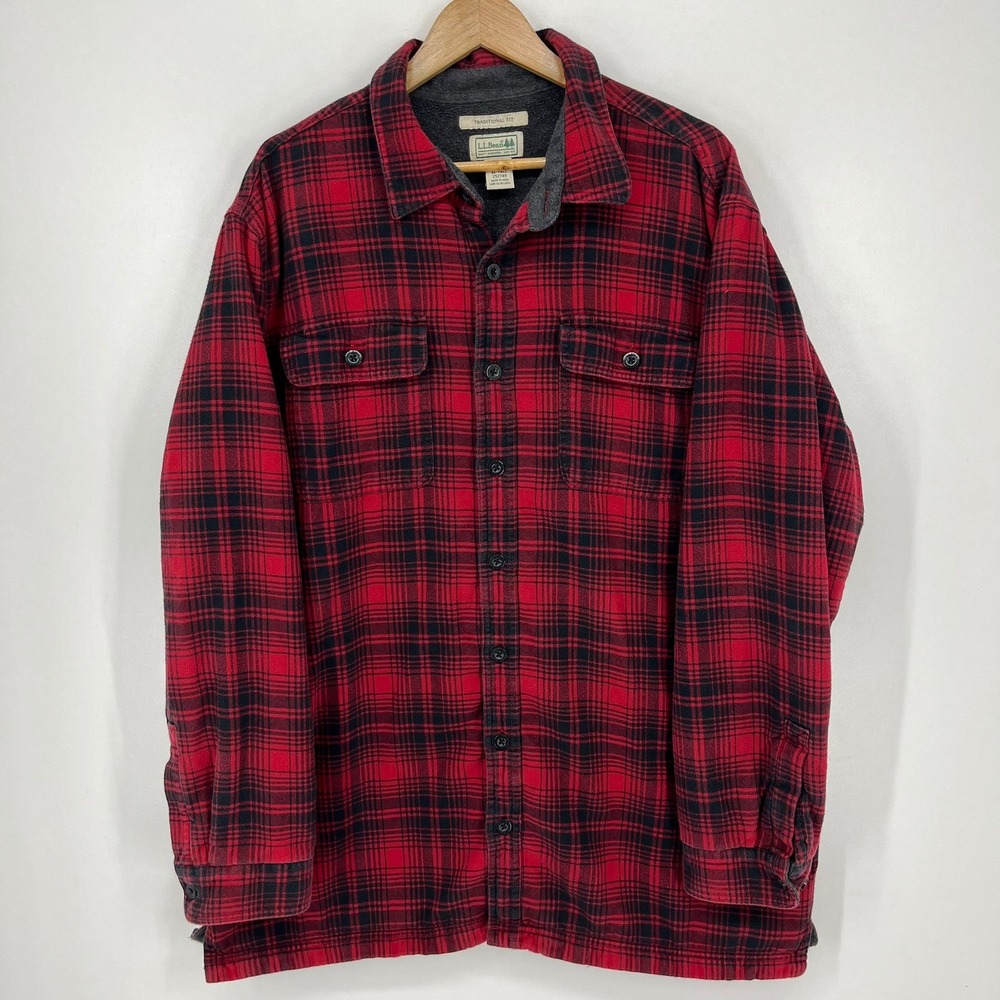 LL Bean Mens XL Tall Fleece Lined Flannel Shirt Red Black Plaid Traditional‎